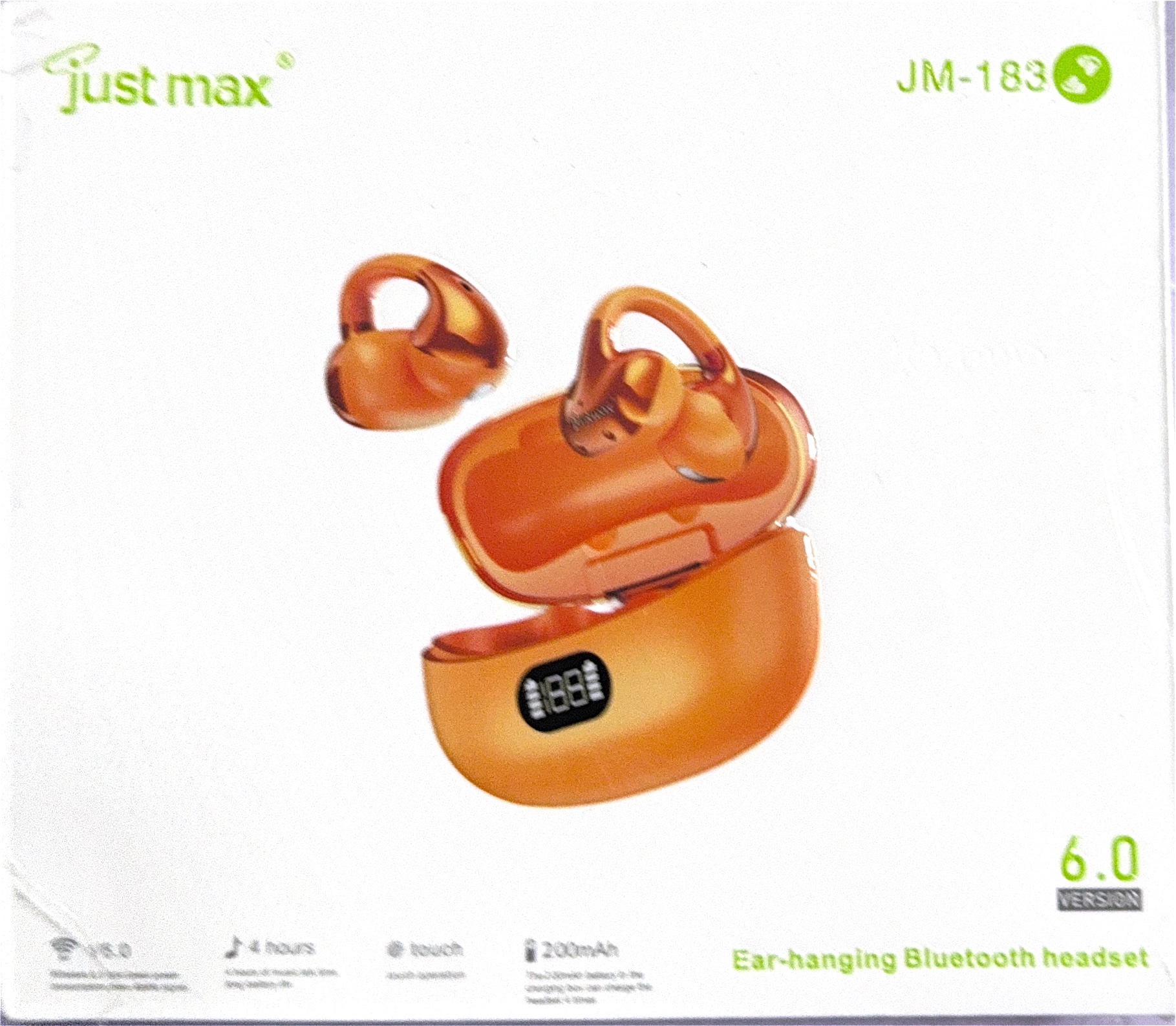 Just Max JM-183 Wireless Bluetooth Headset – Bluetooth 6.0 Ear-Hanging Headset, Touch Control, HD Microphone, High-Definition Audio, Spatial Sound, 4-Hour Playback, 200mAh Charging Case.
