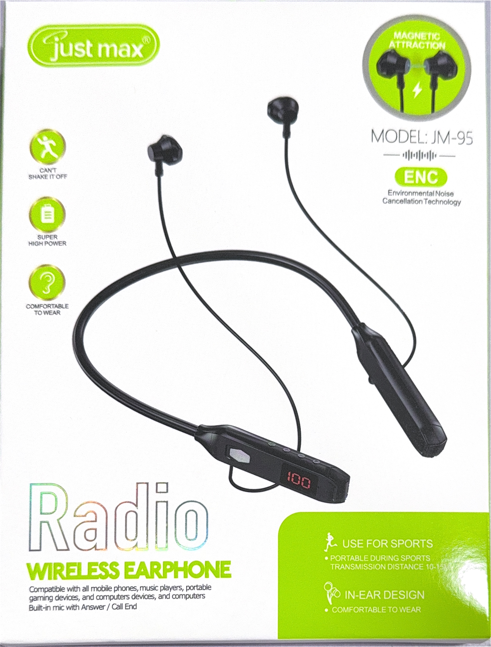 Just Max JM-95 Wireless Bluetooth Neckband Earphones with FM Radio & LED Digital Display