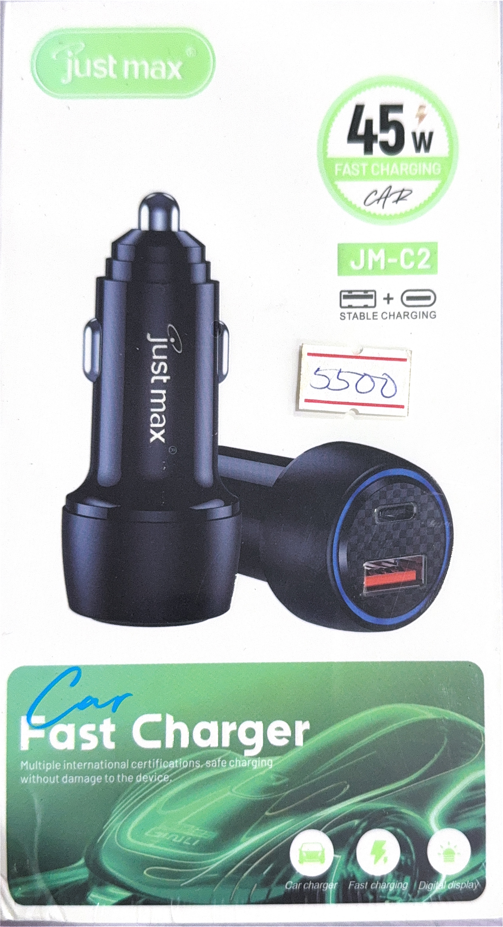 Just Max JM-C2 45W Dual-Port Car Fast Charger with Digital Display (USB-A + Type-C)