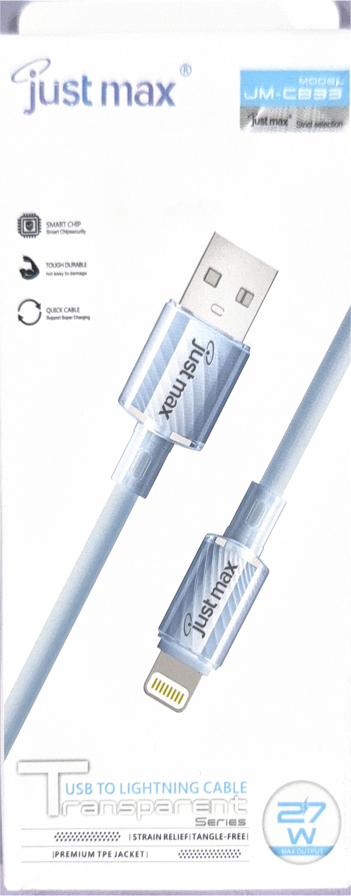 Just Max JM-CB33 27W Transparent Series USB to Lightning Fast Charging & Data Cable 