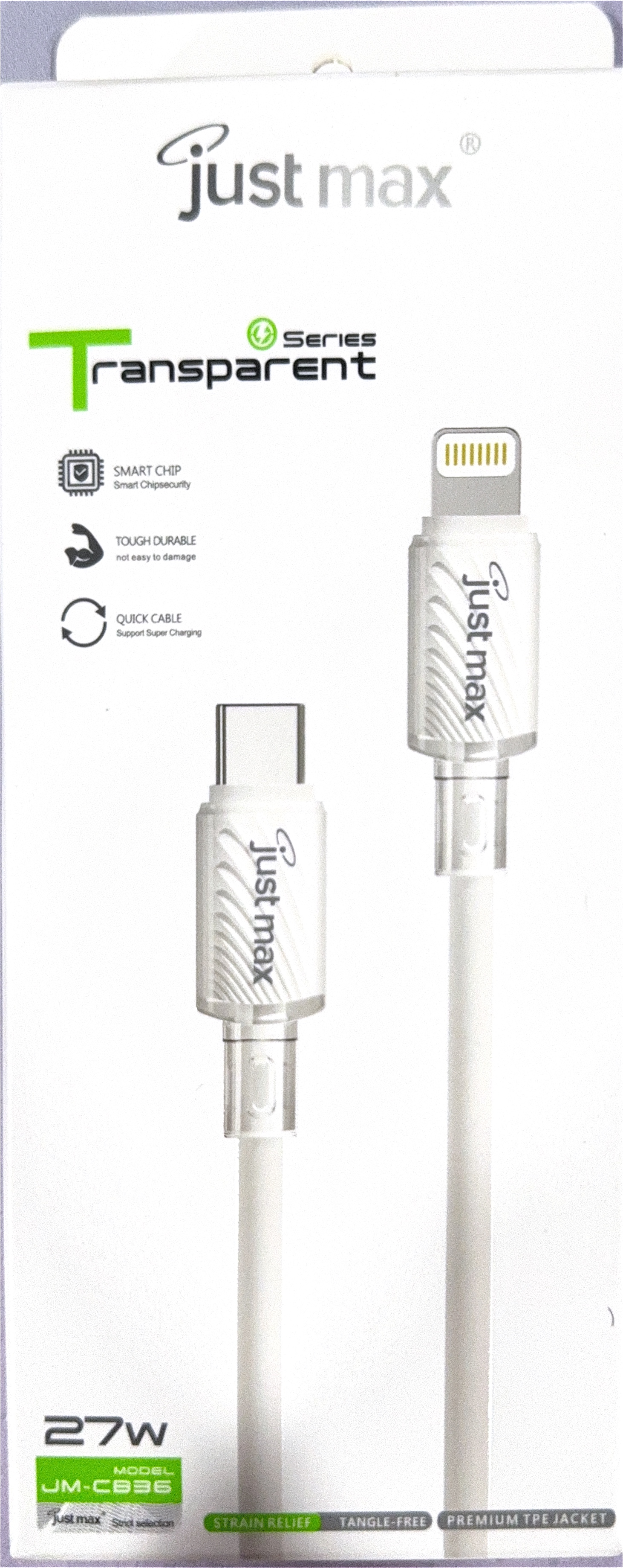 Just Max JM-CB36 27W Transparent Series Type-C to Lightning Fast Charging & Data Cable
