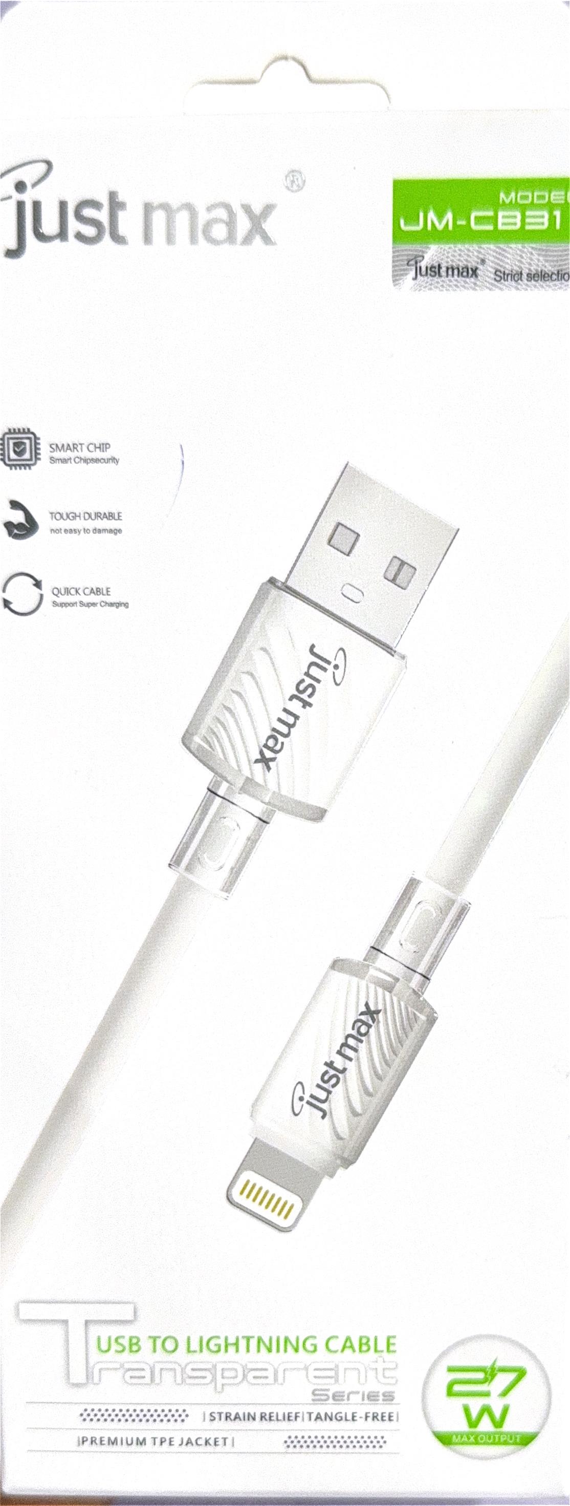 Just Max JM-CB31 27W Transparent Series USB to Lightning Fast Charging & Data Cable