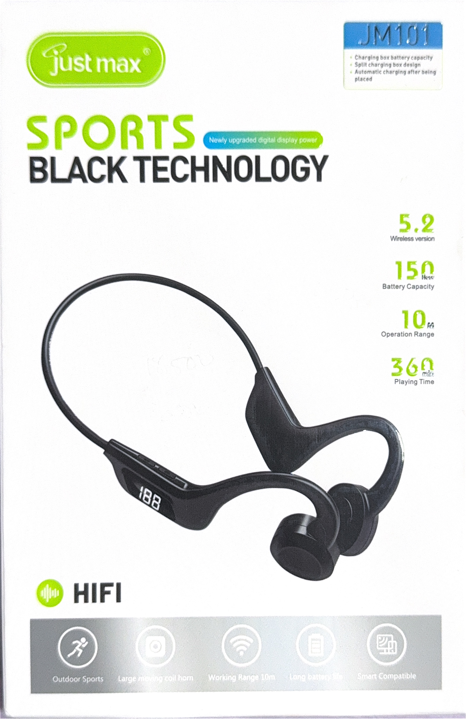JustMax JM-101 5.2v Headphones for Music, Outside Sports, Working Range 10m, Long Battery Life, Smart Compatible