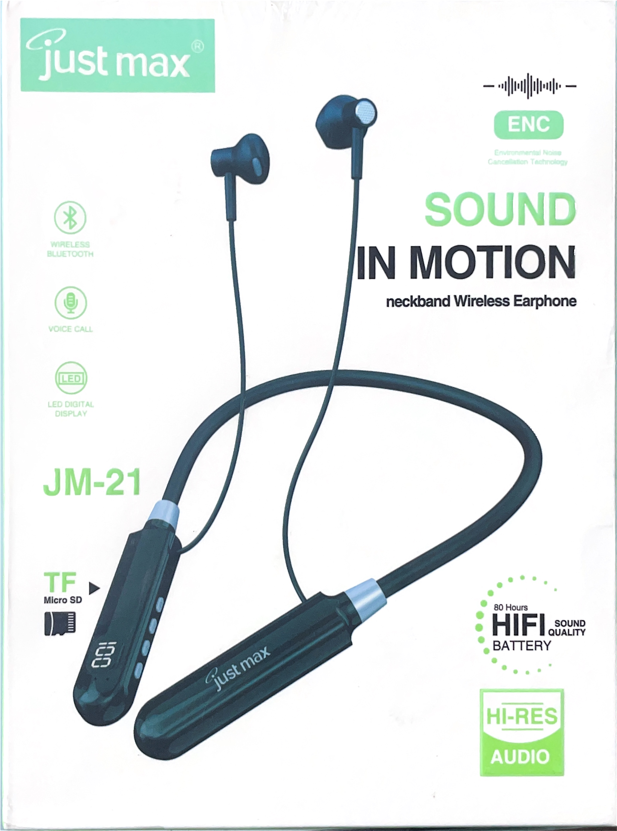 JustMax JM-21 Sound in Motion neckband Wireless Earphone, Led Digital Display, Wide Range of Voice Call, Micro SD Supported and 80Hrs Sound Quality Battery.